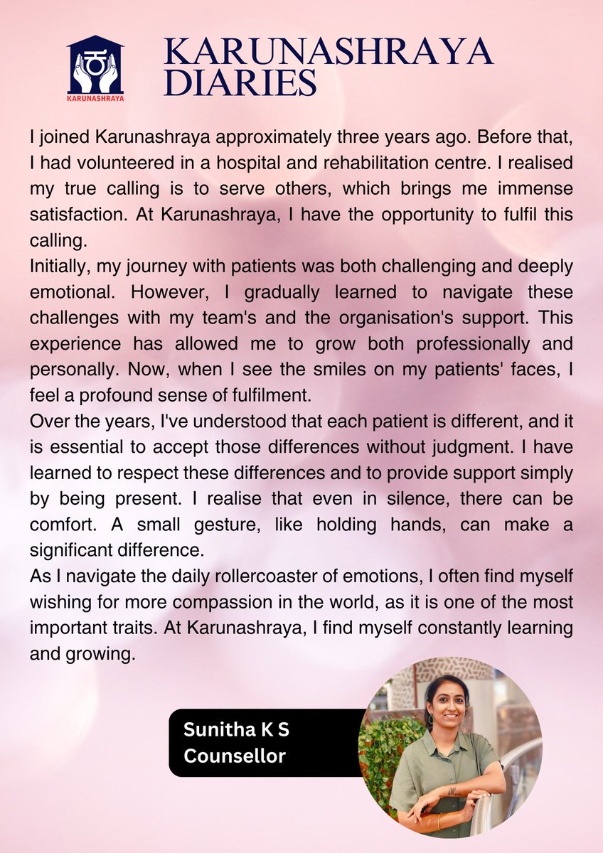 The team of Karunashraya is committed to hold hands of the patients and caregivers. In doing so they find comfort and a path of personal growth. Proudly presenting the next page from Karunashraya Diaries.

#KarunashrayaDiaries #VolunteerImpact #InspiringService #MakingADifference
