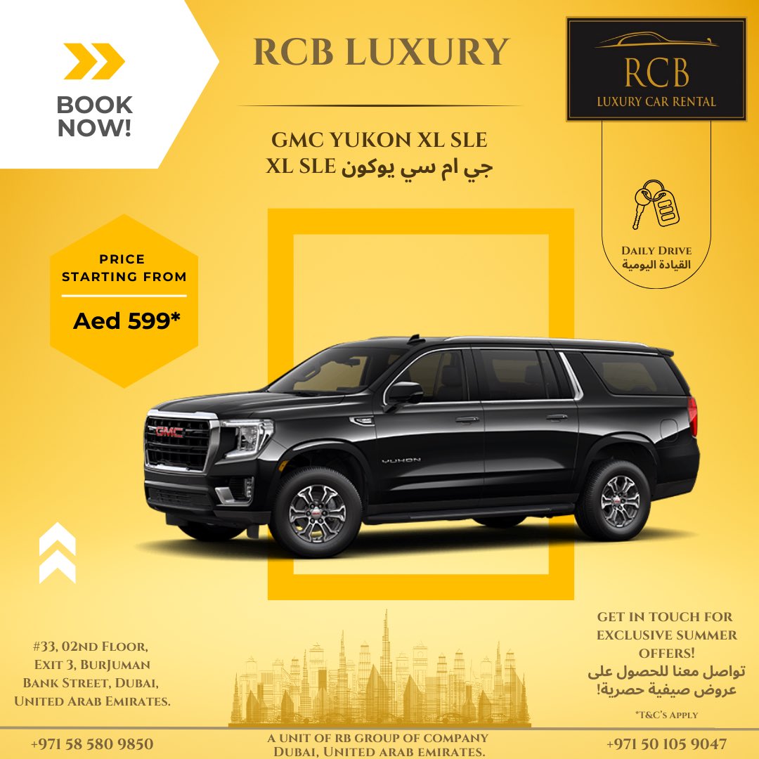 RCB Luxury Car Rental (@rcbluxury) on Twitter photo GMC YUKON XL SLE
جي ام سي يوكون XL SLE
Pre - Book now!
avail exciting offers
Drive Safe
قيادة آمنة
Get in Touch for
Exclusive Offers!
الحصول على اتصال ل
عروض حصرية!
Book Now!
📧 sales@rcbluxury.com
🔗 rcbluxury.com
+971 - 501059047
#RCBLUXURY GMC YUKON XL SLE
جي ام سي يوكون XL SLE
Pre - Book now!
avail exciting offers
Drive Safe
قيادة آمنة
Get in Touch for
Exclusive Offers!
الحصول على اتصال ل
عروض حصرية!
Book Now!
📧 sales@rcbluxury.com
🔗 rcbluxury.com
+971 - 501059047
#RCBLUXURY