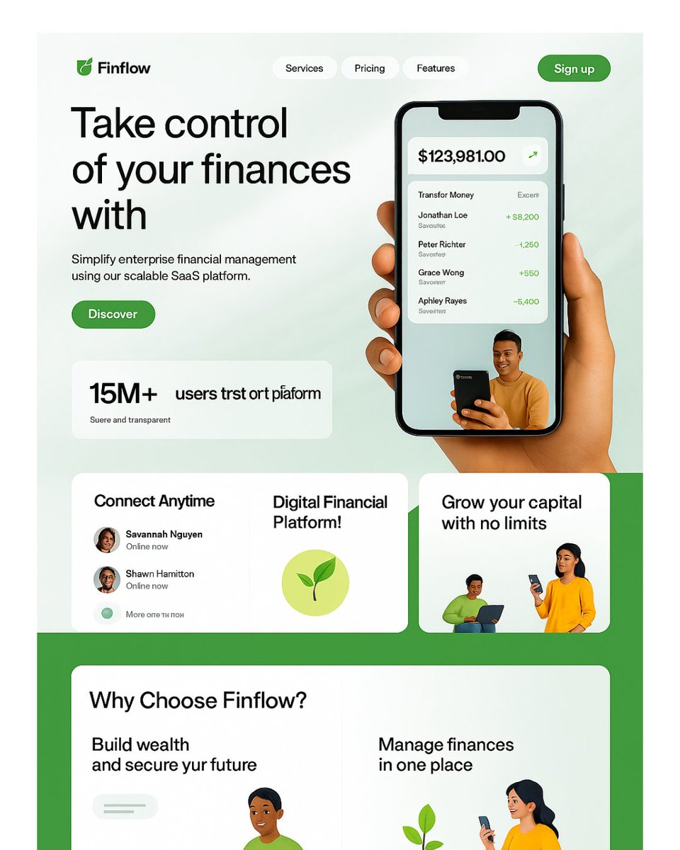 codeforkal's tweet image. A bold and intuitive hero section for Finflow, crafted to elevate digital financial experiences. Includes sleek typography, a corrected CTA button, and an extended lower section that drives engagement with a fresh, user-focused layout.