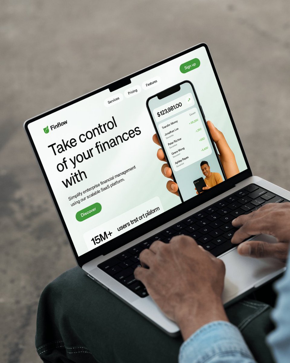 codeforkal's tweet image. A bold and intuitive hero section for Finflow, crafted to elevate digital financial experiences. Includes sleek typography, a corrected CTA button, and an extended lower section that drives engagement with a fresh, user-focused layout.