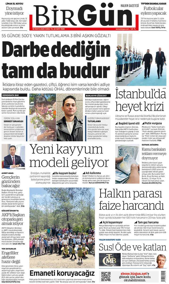 55 günde 500’e yakın tutuklama, 3 bini aşkın gözaltı

Darbe dediğin tam da budur

İktidara itiraz eden gazeteci, çiftçi, öğrenci kim varsa kendini adliye kapısında buldu. Daha kötüsü OHAL dönemlerinde bile olmadı

birgun.net/haber/rejim-da…

Bugünün BirGün’ü