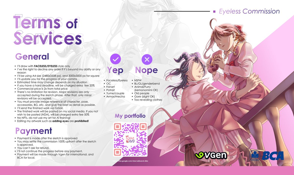 Saikoavd's tweet image. C0MMISSI0N OPEN!
[Help RTs are very appreciated💖] 

Hello~ I opened my cms again for local &amp;amp; international!👀✨

For international you can do request here👇
Vgen vgen.co/Saikoavd

#VGenOpen #VGenComm #commission #artidn #zonakaryaid #artistindonesia