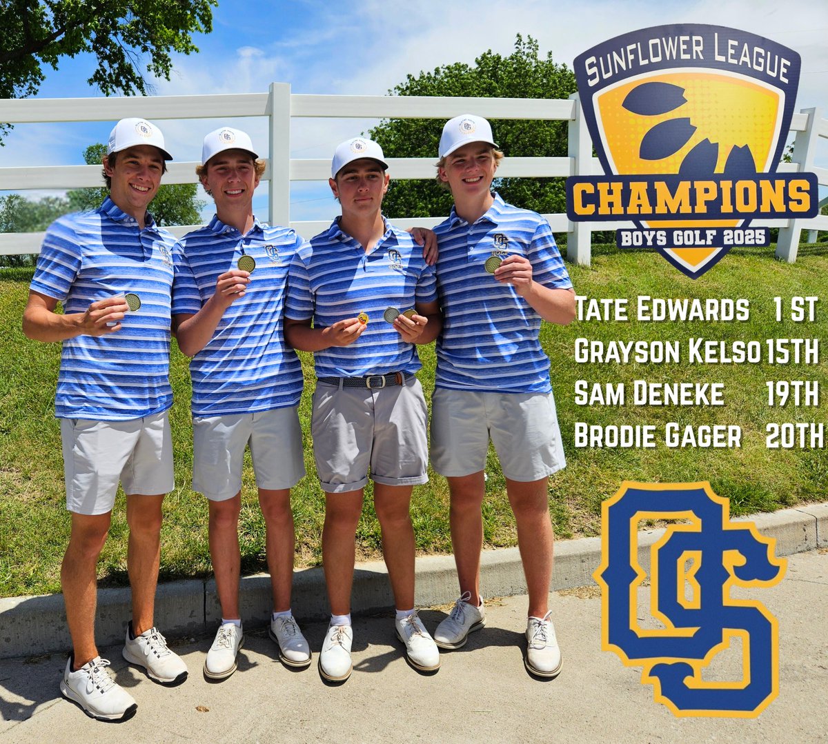 Olathe South Golf (@os_falcon_golf) on Twitter photo Congratulations to our 4 All-Sunflower League golfers:
Tate Edwards - 1st Team
Grayson Kelso - Honorable Mention
Sam Deneke - Honorable Mention
Brodie Gager - Honorable Mention
#DailyGains <a href="/ADMillerOS/">AD Miller</a> <a href="/OlatheSouthHS/">Olathe South HS</a> <a href="/ksgolfscores/">KansasGolfScores.com</a> <a href="/OS_BirdHouse/">OS Student Section</a> Congratulations to our 4 All-Sunflower League golfers:
Tate Edwards - 1st Team
Grayson Kelso - Honorable Mention
Sam Deneke - Honorable Mention
Brodie Gager - Honorable Mention
#DailyGains <a href="/ADMillerOS/">AD Miller</a> <a href="/OlatheSouthHS/">Olathe South HS</a> <a href="/ksgolfscores/">KansasGolfScores.com</a> <a href="/OS_BirdHouse/">OS Student Section</a>