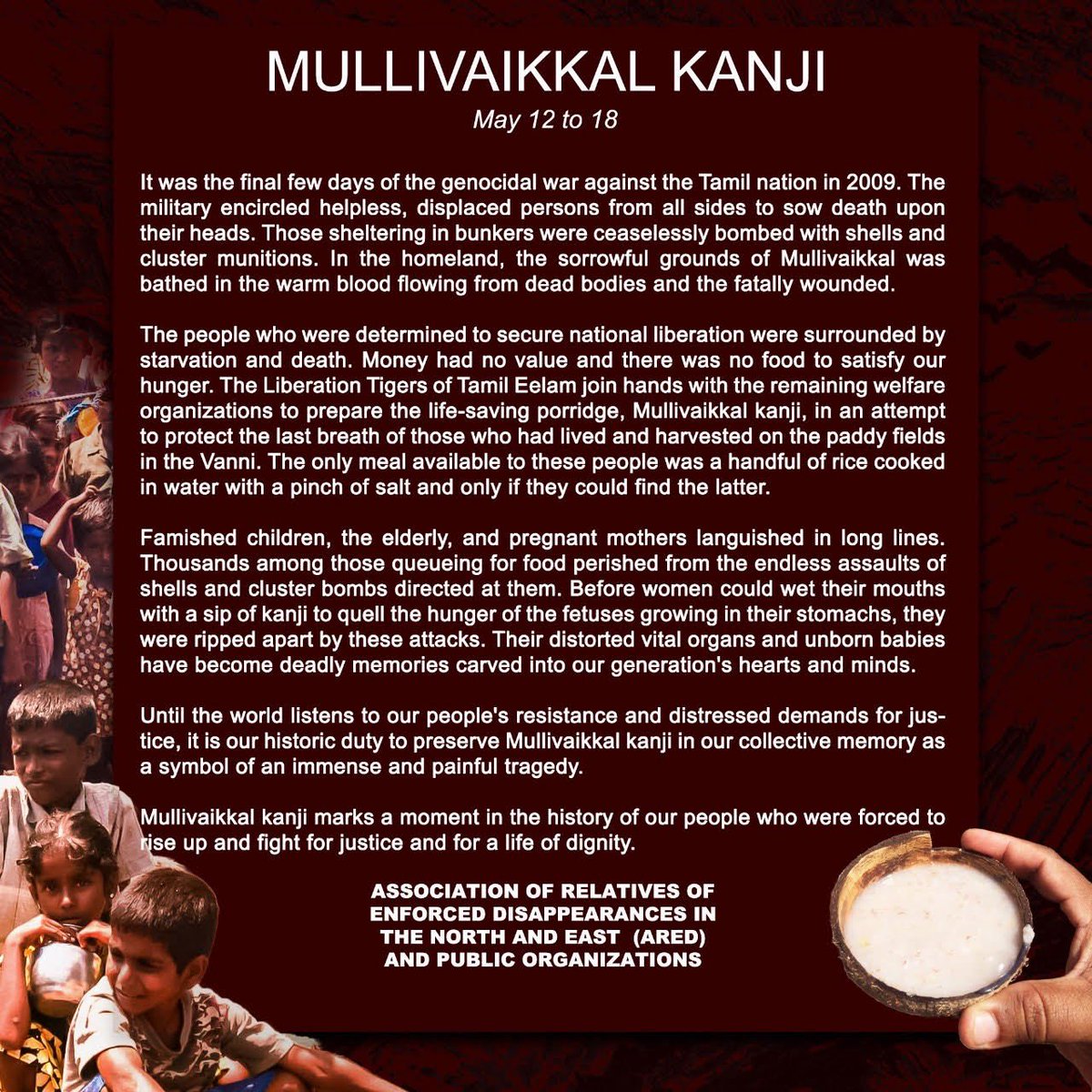 ampanai's tweet photo. Mullivaikkal “kanji”marks a moment in the history of our people, #Eelam #Tamil who were forced to rise up and fight for justice and for a life of dignity.
Famished children, the elderly, and pregnant mothers languished in long lines.
#TamilGenocideWeek
#TamilGenocide https://t.co/WOvWPA6sFG