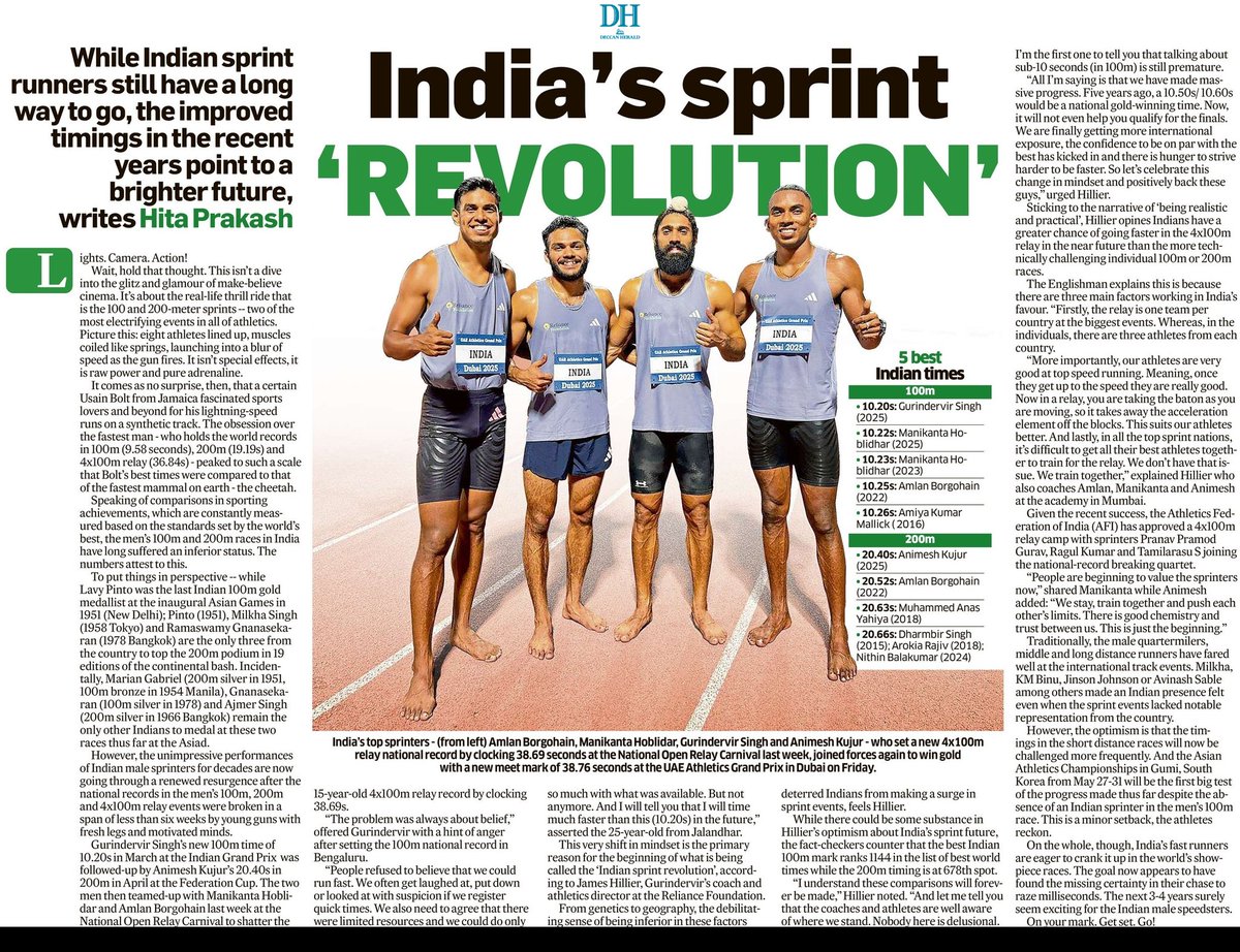 Hita Prakash (@hitaprakash) on Twitter photo National records in 100m, 200m & 4x100m relay were broken within a span of 6 weeks recently. This is the beginning of running faster & clocking new marks regularly, say India's top male sprinters.
<a href="/DeccanHerald/">Deccan Herald</a> <a href="/afiindia/">Athletics Federation of India</a> <a href="/JamesHillier78/">James Hillier</a>
Read: shorturl.at/vGry9 National records in 100m, 200m & 4x100m relay were broken within a span of 6 weeks recently. This is the beginning of running faster & clocking new marks regularly, say India's top male sprinters.
<a href="/DeccanHerald/">Deccan Herald</a> <a href="/afiindia/">Athletics Federation of India</a> <a href="/JamesHillier78/">James Hillier</a>
Read: shorturl.at/vGry9