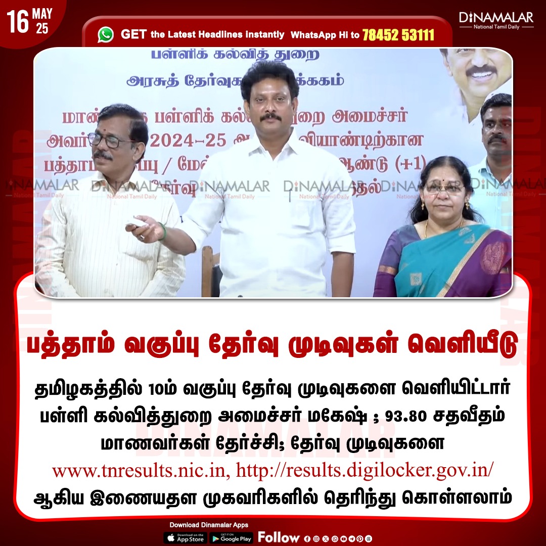 dinamalarweb's tweet image. பத்தாம் வகுப்பு தேர்வு முடிவுகள் வெளியீடு 
#ExamResults  | #10thExam | #SSLC | #DPI | #tnresults
dinamalar.com 
 dinamalar.com/news/tamil-nad…