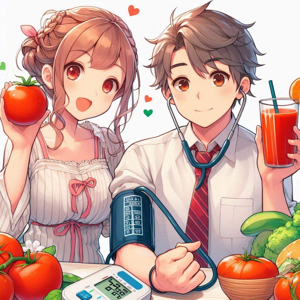 samidare0546's tweet image. AIが予想し、イラスト化した「トマトジュースと血圧計で健康習慣」
#トマトジュースと血圧計で健康習慣 #AIイラスト