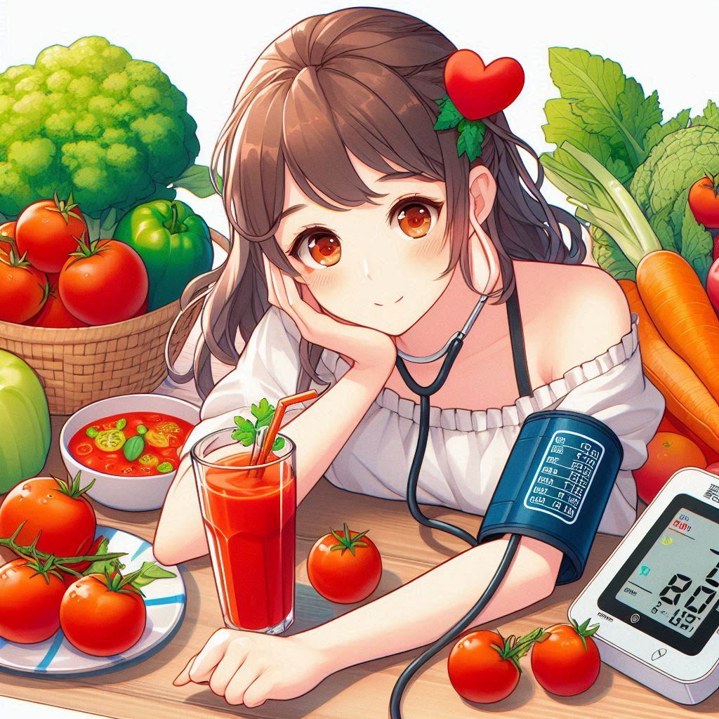 samidare0546's tweet image. AIが予想し、イラスト化した「トマトジュースと血圧計で健康習慣」
#トマトジュースと血圧計で健康習慣 #AIイラスト