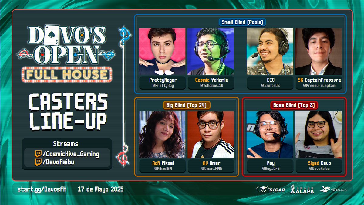 Este será el talento encargado de balatrearte. ¿Están preparados? 🎙️🃏

Llegamos a 64 personas hoy. No saben lo agradecidos que estamos; ¡un millón de gracias!

Nos vemos este sábado para el evento por excelencia en Veracruz. 🔥