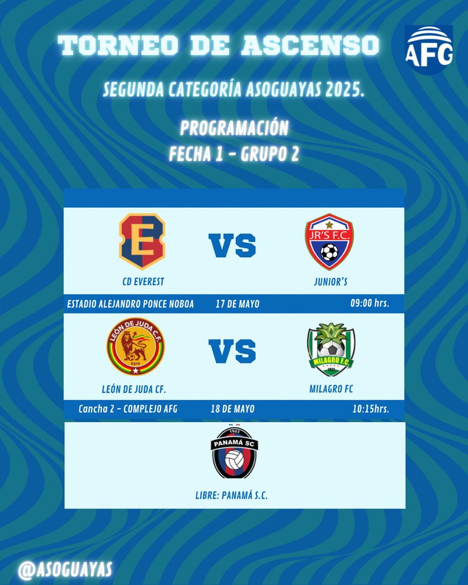 AsoGuayas's tweet image. Iniciamooos ⚽
Campeonato 
AsoGuayas 2025
Segunda Categoría
Sábado 17 y domingo 18 de mayo
Grupo 2
@CDEverest vs #Juniors
#LeondeJuda vs #MilagroFC
Grupo 5#
@Astillero_FC vs #CBMInternacional
#Calvi vs @AtleticoJBG
