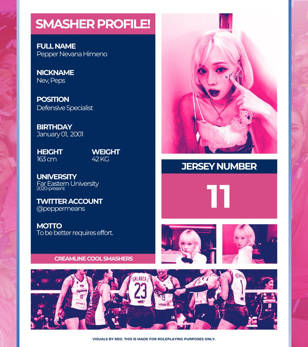 ⠀⠀

     🏐 MEET THE SMASHER.⠀
             Himeno, Nev. #11 

     The Team's Defensive Specialist.

⠀⠀