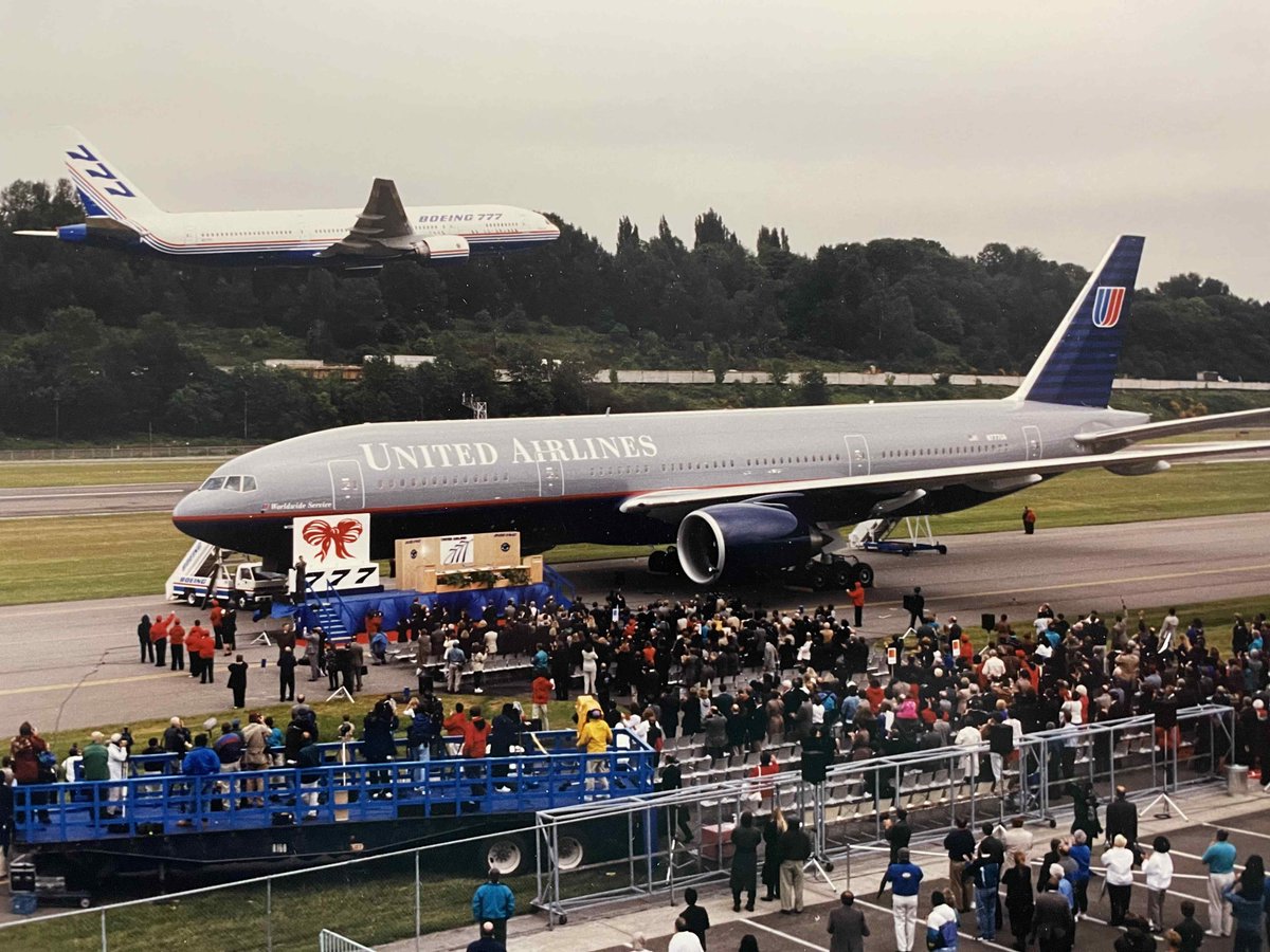 Guy Norris (@avweekguy) on Twitter photo 30 years to the day and over 1,750 deliveries later - and this first <a href="/united/">United Airlines</a> <a href="/Boeing/">The Boeing Company</a> 777 is still earning its keep. Note WA001 - now at <a href="/pimaair/">Pima Air & Space Museum</a> museum - low flypast in background at Boeing Field delivery event in May 1995 30 years to the day and over 1,750 deliveries later - and this first <a href="/united/">United Airlines</a> <a href="/Boeing/">The Boeing Company</a> 777 is still earning its keep. Note WA001 - now at <a href="/pimaair/">Pima Air & Space Museum</a> museum - low flypast in background at Boeing Field delivery event in May 1995