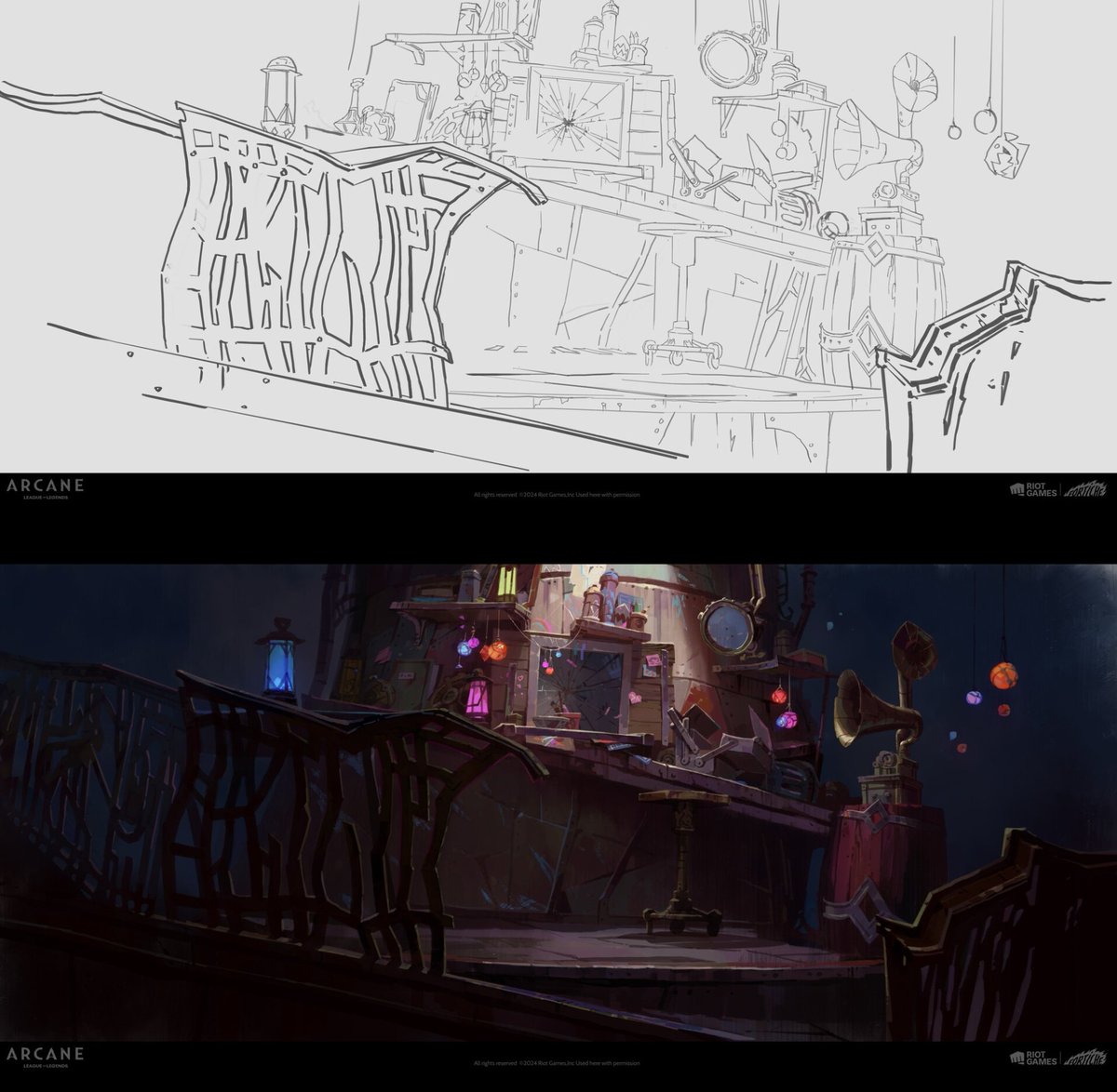 arcaneindetail's tweet photo. Arcane S2 Jinx's Lair Sketch to 2D Matte Painting by Thibaud Delaperche https://t.co/VZsyn0aIhv