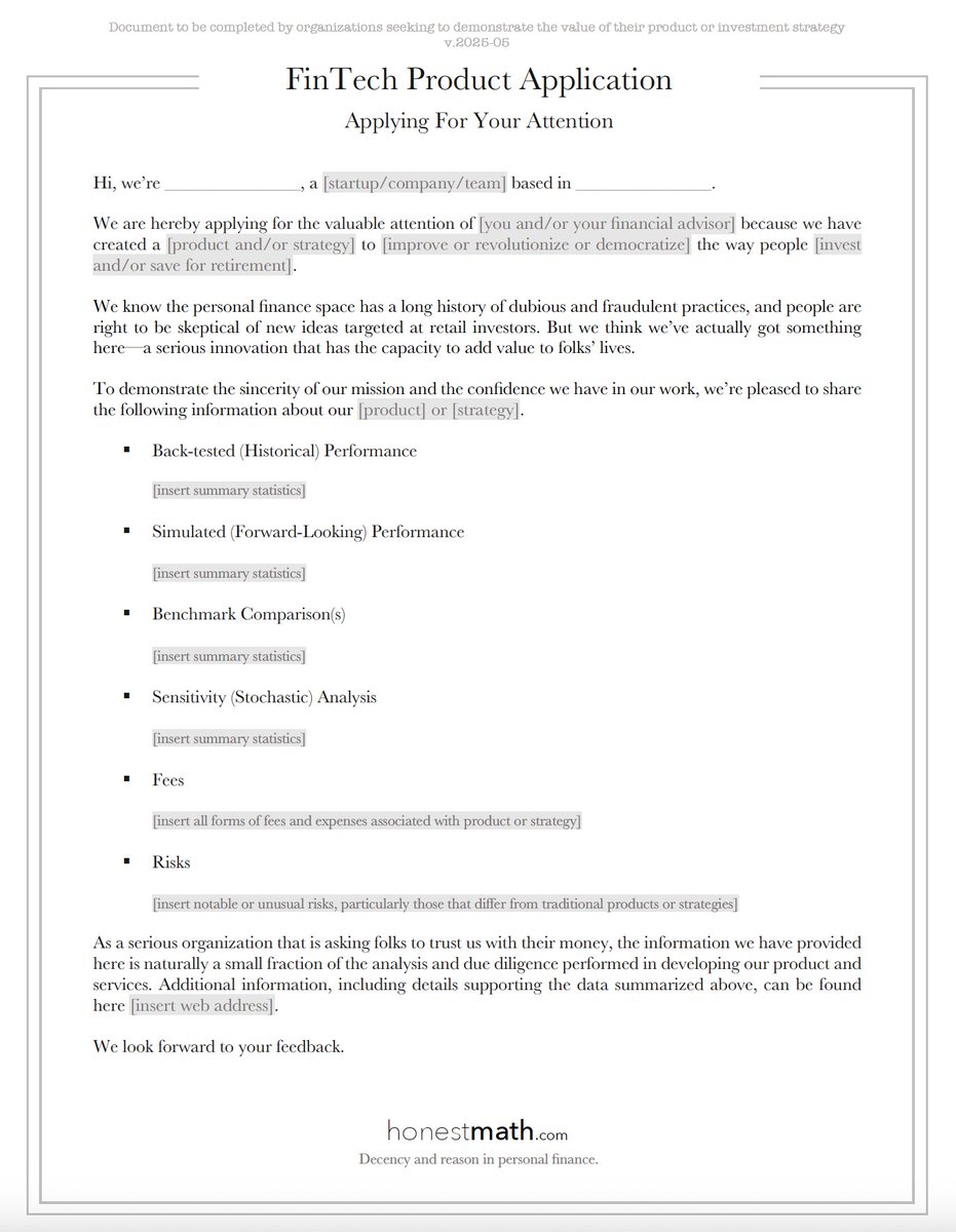 honest_math's tweet image. We challenge startups launching novel products or strategies for retail investors to demonstrate the potential value of their services by completing this form.

An inability or unwillingness to do so is grounds for immediate expulsion from the Milky Way Galaxy.