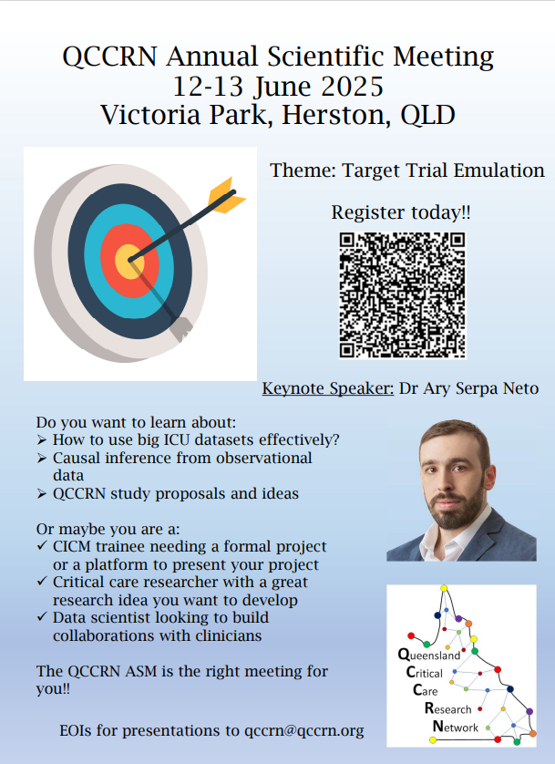 CRE RESPOND (@cre_respond) on Twitter photo On the 12-13 June is the QCCRN's Annual Scientific Meeting!🎉
This year's theme is 🌟Target Trial Emulation🌟
Ideal for CICM trainees, critical care researchers and data scientists.
To find out more, and sign up for the event, visit: qccrn.org
<a href="/qccrn/">Queensland Critical Care Research Network</a> <a href="/anzics/">ANZICS</a> On the 12-13 June is the QCCRN's Annual Scientific Meeting!🎉
This year's theme is 🌟Target Trial Emulation🌟
Ideal for CICM trainees, critical care researchers and data scientists.
To find out more, and sign up for the event, visit: qccrn.org
<a href="/qccrn/">Queensland Critical Care Research Network</a> <a href="/anzics/">ANZICS</a>