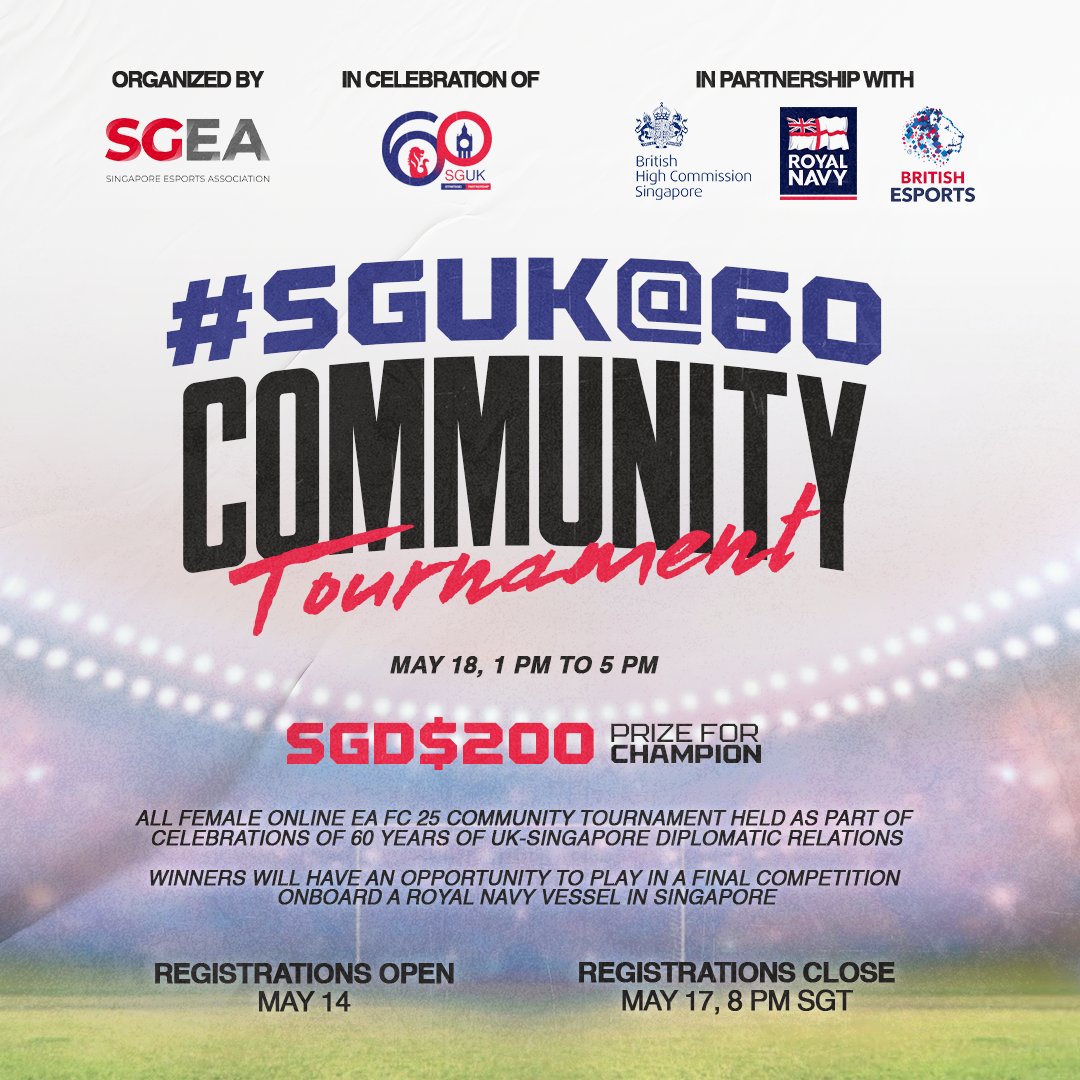 Join us for an all female online EA FC 25 community tournament held as part of celebrations of 60 years of UK-Singapore diplomatic relations. Winners will have the opportunity to play in a final competition on board a Royal Navy vessel in Singapore!

forms.gle/mQbywY3XtobFoN…