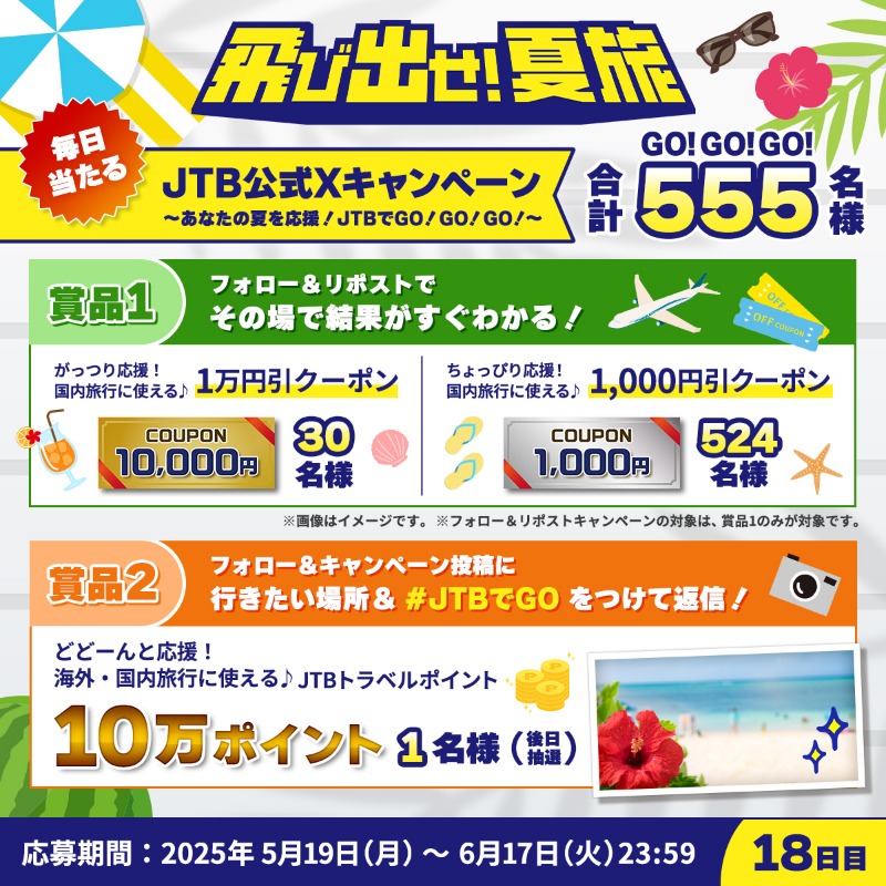 JTB_jp's tweet photo. ⋱ 本日18日目 ⋰

／
飛び出せ！#夏旅
JTB公式Xキャンペーン🏖️
＼

参加方法👇
1⃣@JTB_jpをフォロー
2⃣このポストをリポスト
3⃣結果が自動で届く！

さらに
#JTBトラベルポイント 10万円分が当たるチャンス✈

この投稿にあなたの行きたい場所を
「#JTBでGO」をつけて返信✨