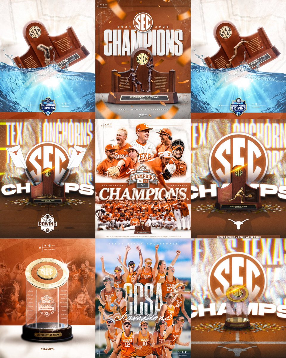 John Bianco (@ut_bianco) on Twitter photo Tonightโs clinching of outright regular season <a href="/SEC/">Southeastern Conference</a> Championship for <a href="/TexasBaseball/">Texas Baseball</a> makes it 9๏ธโฃ conference titles for our Longhorns this year โก๏ธ 8๏ธโฃ SEC (Baseball, <a href="/TexasWBB/">Texas Women's Basketball</a>, <a href="/TexasRowing/">Texas Rowing</a>, <a href="/TexasSoccer/">Texas Soccer</a>, <a href="/TexasMSD/">Texas Men's Swimming & Diving</a>, <a href="/TexasWSD/">Texas Women's Swimming & Diving</a> & <a href="/TexasMTN/">Texas Men's Tennis</a> x2) & <a href="/TexasBeachVB/">Texas Beach Volleyball</a> CCSA๐๐๐๐๐๐๐๐๐๐ค๐ป Tonightโs clinching of outright regular season <a href="/SEC/">Southeastern Conference</a> Championship for <a href="/TexasBaseball/">Texas Baseball</a> makes it 9๏ธโฃ conference titles for our Longhorns this year โก๏ธ 8๏ธโฃ SEC (Baseball, <a href="/TexasWBB/">Texas Women's Basketball</a>, <a href="/TexasRowing/">Texas Rowing</a>, <a href="/TexasSoccer/">Texas Soccer</a>, <a href="/TexasMSD/">Texas Men's Swimming & Diving</a>, <a href="/TexasWSD/">Texas Women's Swimming & Diving</a> & <a href="/TexasMTN/">Texas Men's Tennis</a> x2) & <a href="/TexasBeachVB/">Texas Beach Volleyball</a> CCSA๐๐๐๐๐๐๐๐๐๐ค๐ป