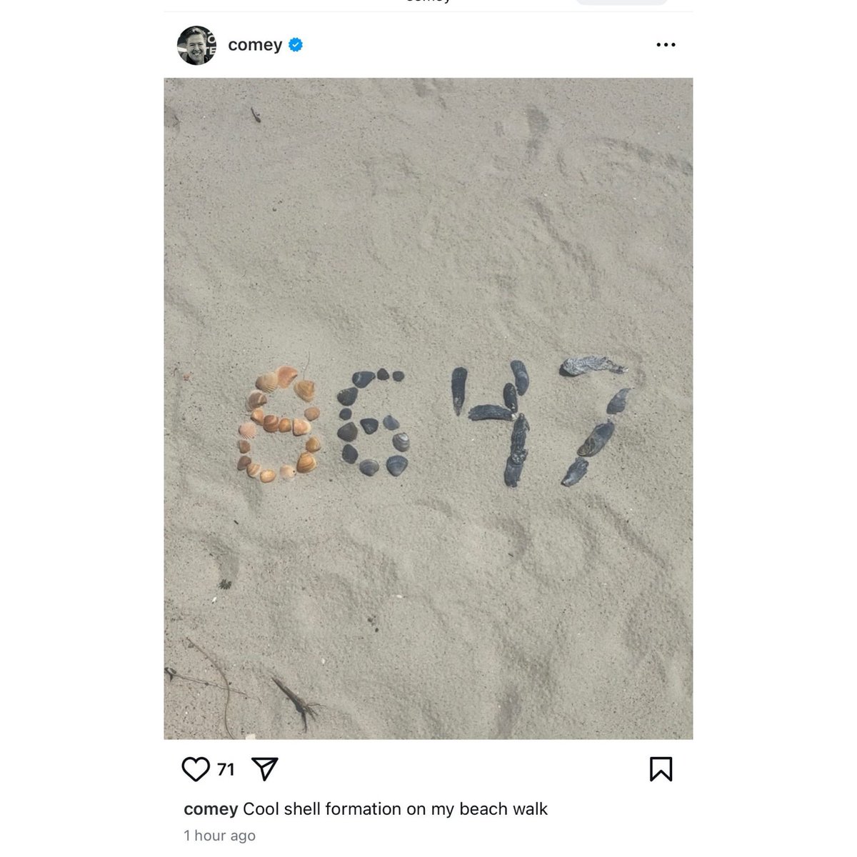 His "8647" isn't the first time that James Comey has "found" political messages at the beach and posted them online.

He also posted "Vote Harris" in October of '24.

Seems like a pattern of behavior to me.