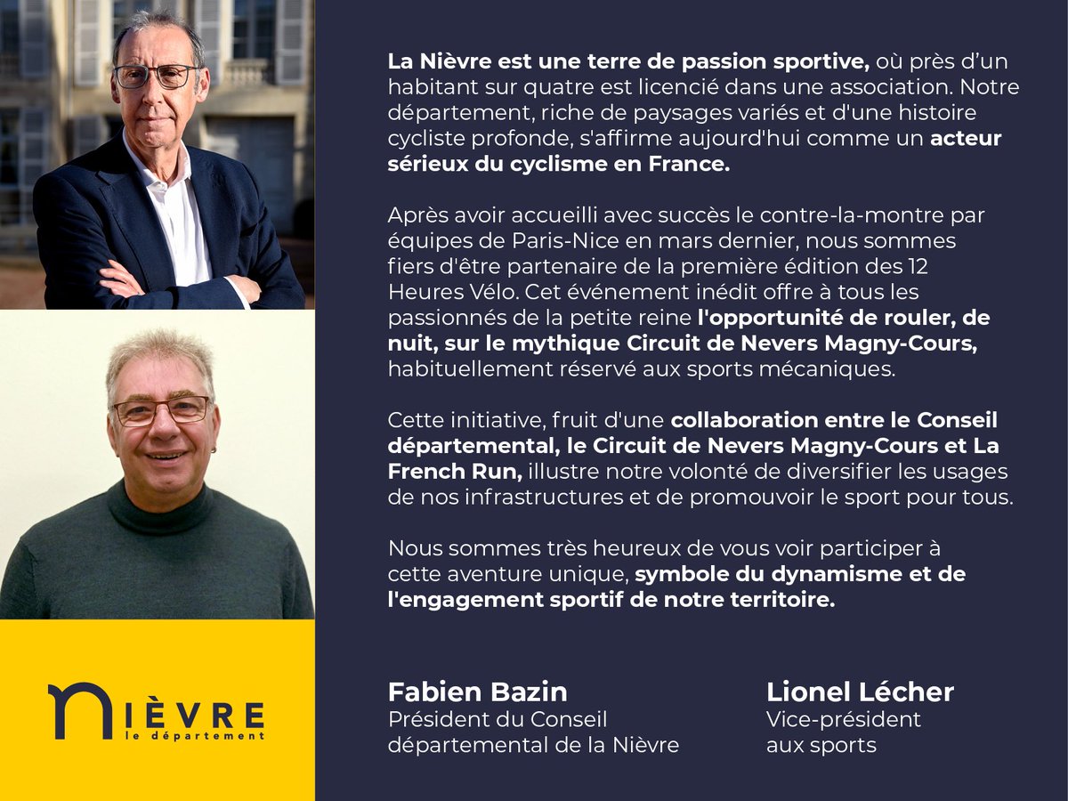 🎙️ A J-1 de la première édition, quelques mots de M.Fabien Bazin, président du Conseil Départemental de La Nievre, et de Lionel Lécher vice-président aux sports.
Un nouvel événement à l’initiative du département, organisé par <a href="/lafrenchrun/">🇫🇷 La French Run</a> 🇫🇷 avec le <a href="/MagnyCoursTrack/">Circuit Magny-Cours</a> 🏁
