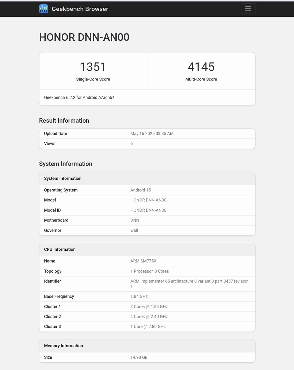 yabhishekhd's tweet photo. Qualcomm Snapdragon 7 Gen 4 comes with an Adreno 722 GPU.
HONOR 400 DNN-AN00 spotted on Geekbench with Qualcomm Snapdragon 7 Gen 4 SoC.
🔳 Snapdragon 7 Gen 4 Chipset
🎮 Adreno 722
🍭 Android 15
- 16GB RAM
#HONOR400 #Adreno722 #Snapdragon7Gen4 https://t.co/emOTs56VBi