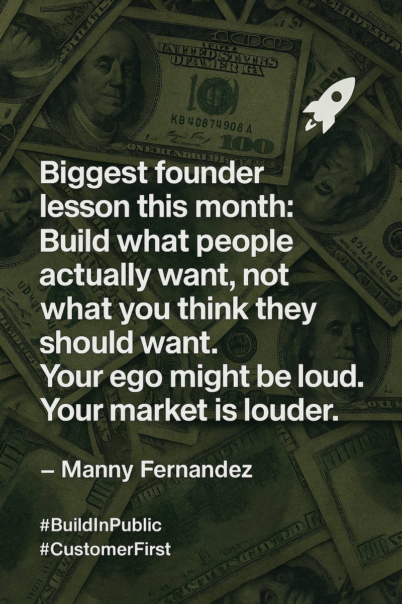Biggest founder lesson this month:
Build what people actually want, not what you think they should want.
Your ego might be loud. Your market is louder.
#BuildInPublic #StartupTips #CustomerFirst #MannyFernandez #Startup #AngelInvestor