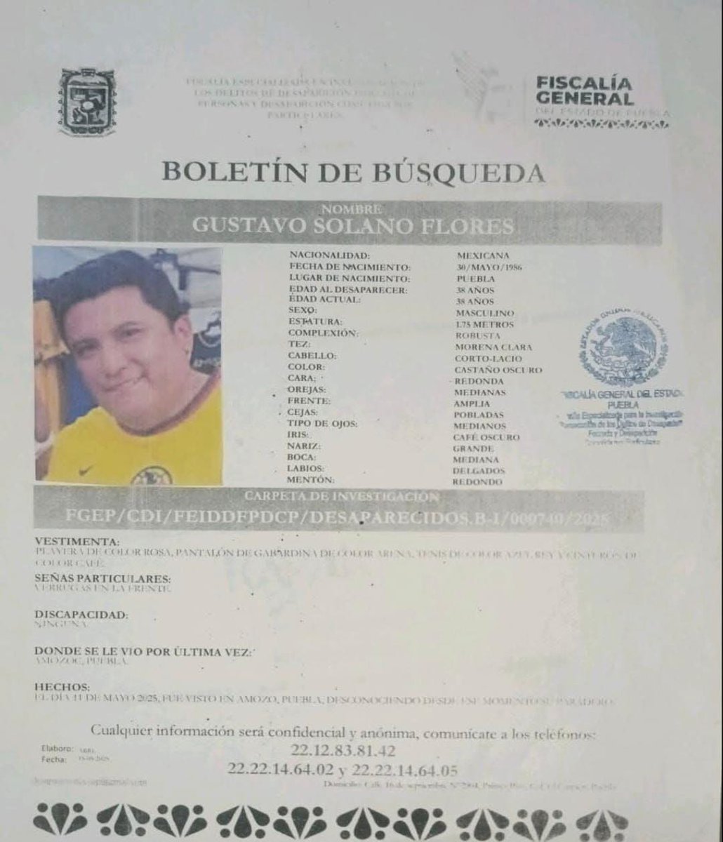 📢|| Piden su colaboración para localizar a Gustavo Solano Flores, fue  visto la última vez en Amozoc. Favor de comunicarse a los números del  reporte o al 911 para dar información #serviciosocial #