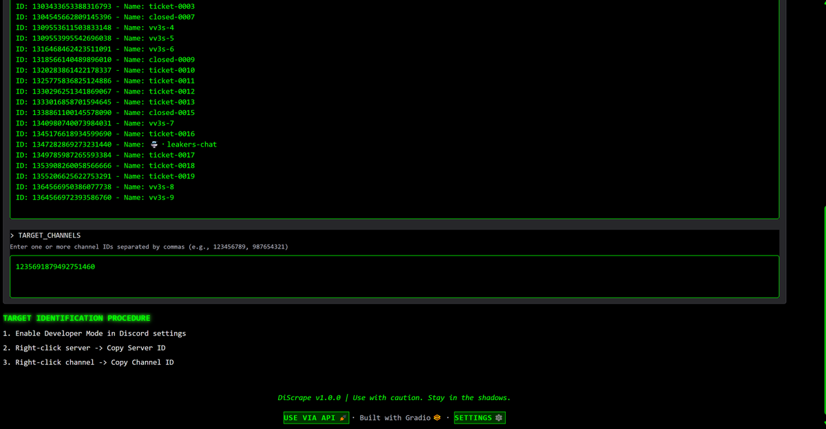 LLMSherpa's tweet photo. Uploaded my Discord scraper to Github, along with build &amp; run scripts for Windows.

Relatively straightforward.

You'll need your auth token, and to enable Developer Mode in Discord so you can pull the server id.

It pulls the channels &amp; their ids automatically. https://t.co/EnLHOcAX8z