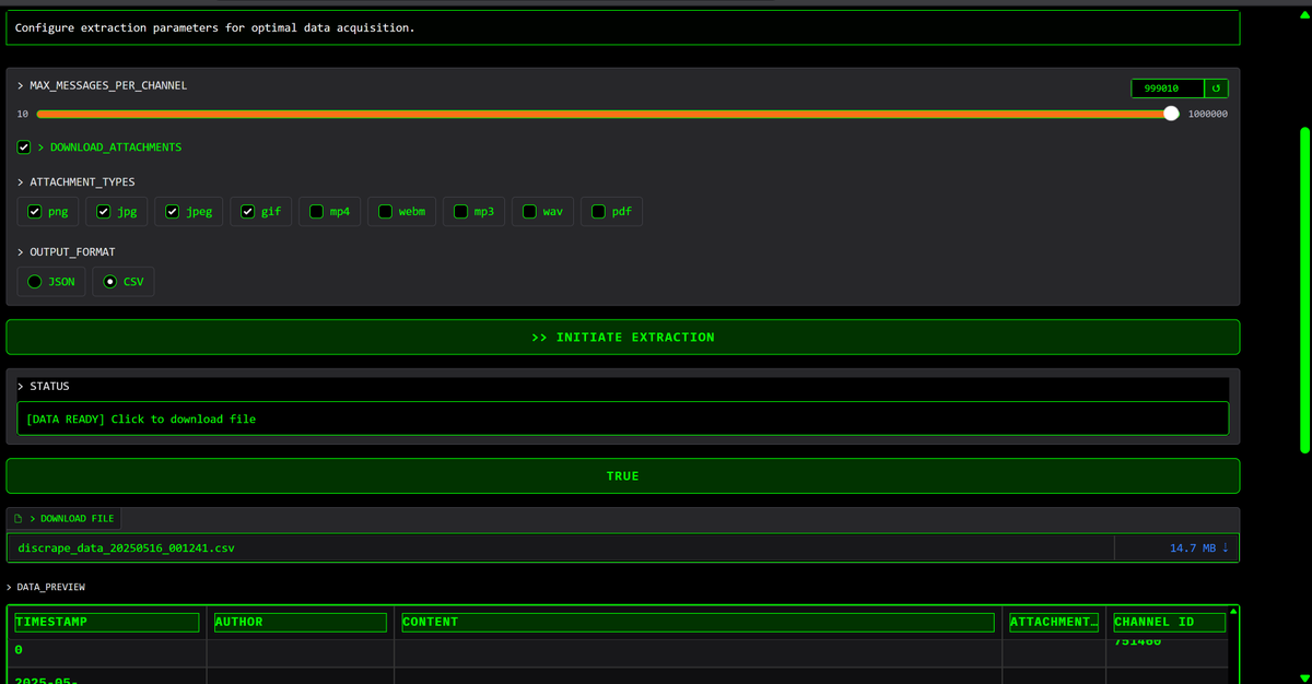 LLMSherpa's tweet photo. Uploaded my Discord scraper to Github, along with build &amp; run scripts for Windows.

Relatively straightforward.

You'll need your auth token, and to enable Developer Mode in Discord so you can pull the server id.

It pulls the channels &amp; their ids automatically. https://t.co/EnLHOcAX8z