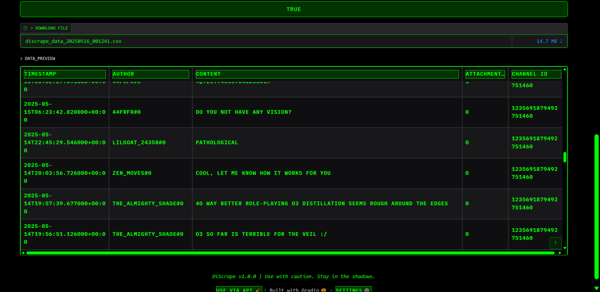 LLMSherpa's tweet photo. Uploaded my Discord scraper to Github, along with build &amp; run scripts for Windows.

Relatively straightforward.

You'll need your auth token, and to enable Developer Mode in Discord so you can pull the server id.

It pulls the channels &amp; their ids automatically. https://t.co/EnLHOcAX8z