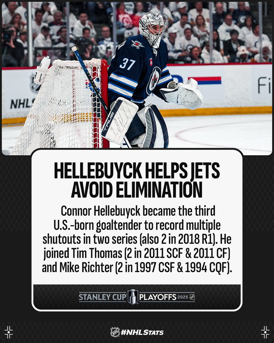 Connor Hellebuyck became the first goaltender in <a href="/NHLJets/">Winnipeg Jets</a> / Thrashers history to post a shutout while facing elimination. #StanleyCup

#NHLStats: media.nhl.com/public/live-up…