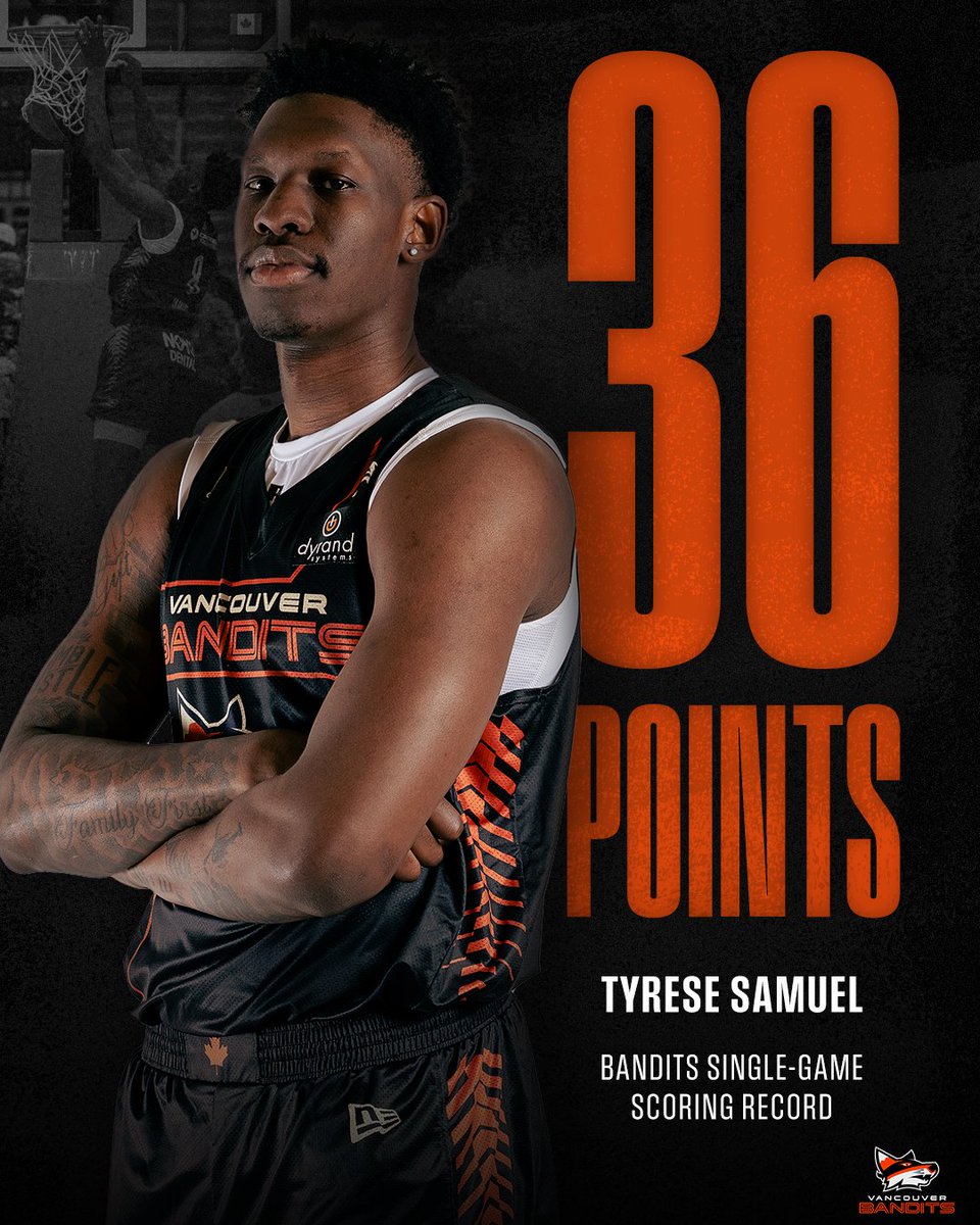 Vancouver Bandits (@vancitybandits) on Twitter photo Tyrese's 36 pieces. 🫡
The Vancouver Bandits’ single game scoring record belongs to <a href="/Tyrese5G/">Tyrese Samuel</a>. 🔥 Tyrese's 36 pieces. 🫡
The Vancouver Bandits’ single game scoring record belongs to <a href="/Tyrese5G/">Tyrese Samuel</a>. 🔥