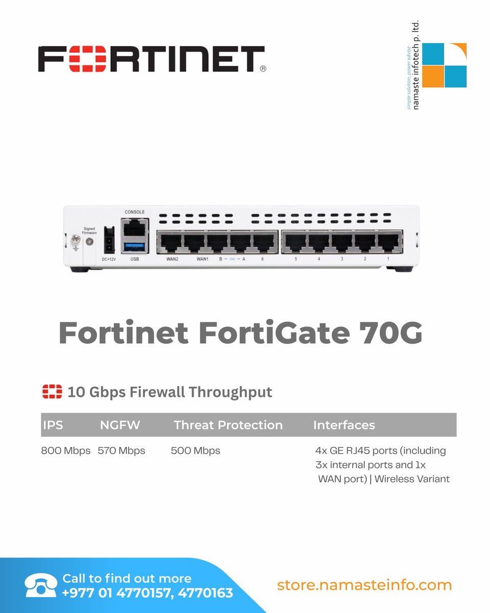 LtdNamaste's tweet image. The Fortinet FortiGate 70G is a next-generation firewall appliance tailored for growing businesses and branch offices that require high-speed network security and advanced threat protection.
To know more:
store.namasteinfo.com/.../fortinet-f…
#fortinet, #fortinetauthorizedpartner, #nepal