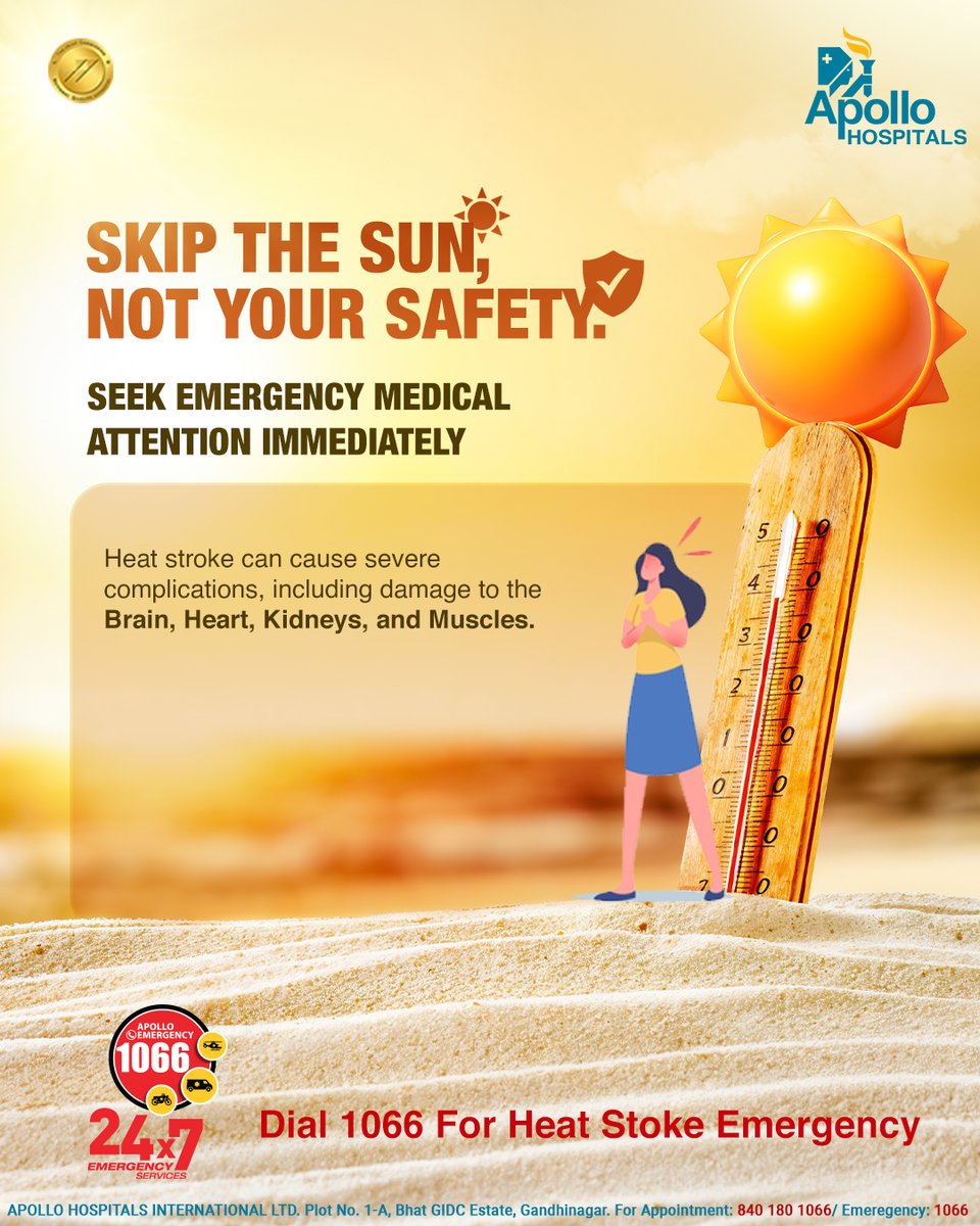 AhmedabadApollo's tweet image. 𝐇𝐞𝐚𝐭 𝐬𝐭𝐫𝐨𝐤𝐞 can quickly damage vital organs if not treated in time. If you or someone around you shows signs of overheating, don’t wait.
𝐈𝐧 𝐚 𝐡𝐞𝐚𝐭 𝐞𝐦𝐞𝐫𝐠𝐞𝐧𝐜𝐲, 𝐝𝐢𝐚𝐥 𝟏𝟎𝟔𝟔 𝐢𝐦𝐦𝐞𝐝𝐢𝐚𝐭𝐞𝐥𝐲.

#SunAwarenessWeek #ApolloAhmedabad #heatstroke