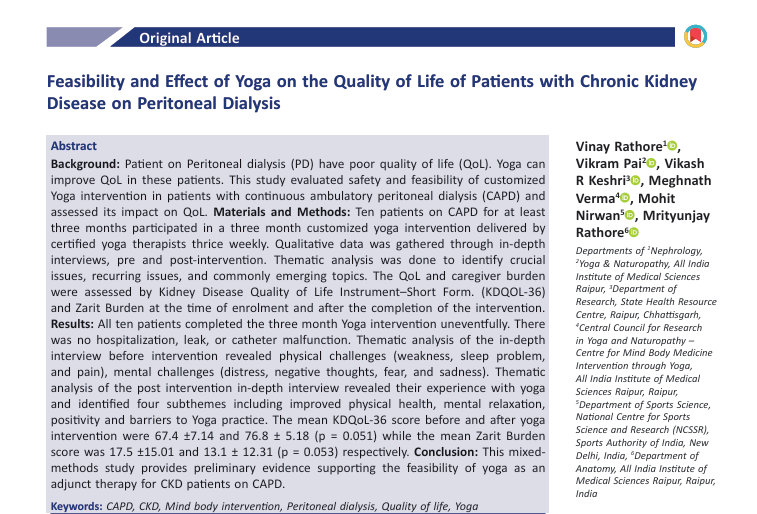 Vikash R. Keshri, MD, PhD (@docvrk) on Twitter photo New Paper
Feasibility and Effect of Yoga on the Quality of Life of Patients with Chronic Kidney Disease on Peritoneal Dialysis
Led by team <a href="/aiims_rpr/">AIIMS, Raipur, CG</a> <a href="/vinayrathoremd/">vinay rathore</a> & colleague
indianjnephrol.org/feasibility-an… New Paper
Feasibility and Effect of Yoga on the Quality of Life of Patients with Chronic Kidney Disease on Peritoneal Dialysis
Led by team <a href="/aiims_rpr/">AIIMS, Raipur, CG</a> <a href="/vinayrathoremd/">vinay rathore</a> & colleague
indianjnephrol.org/feasibility-an…