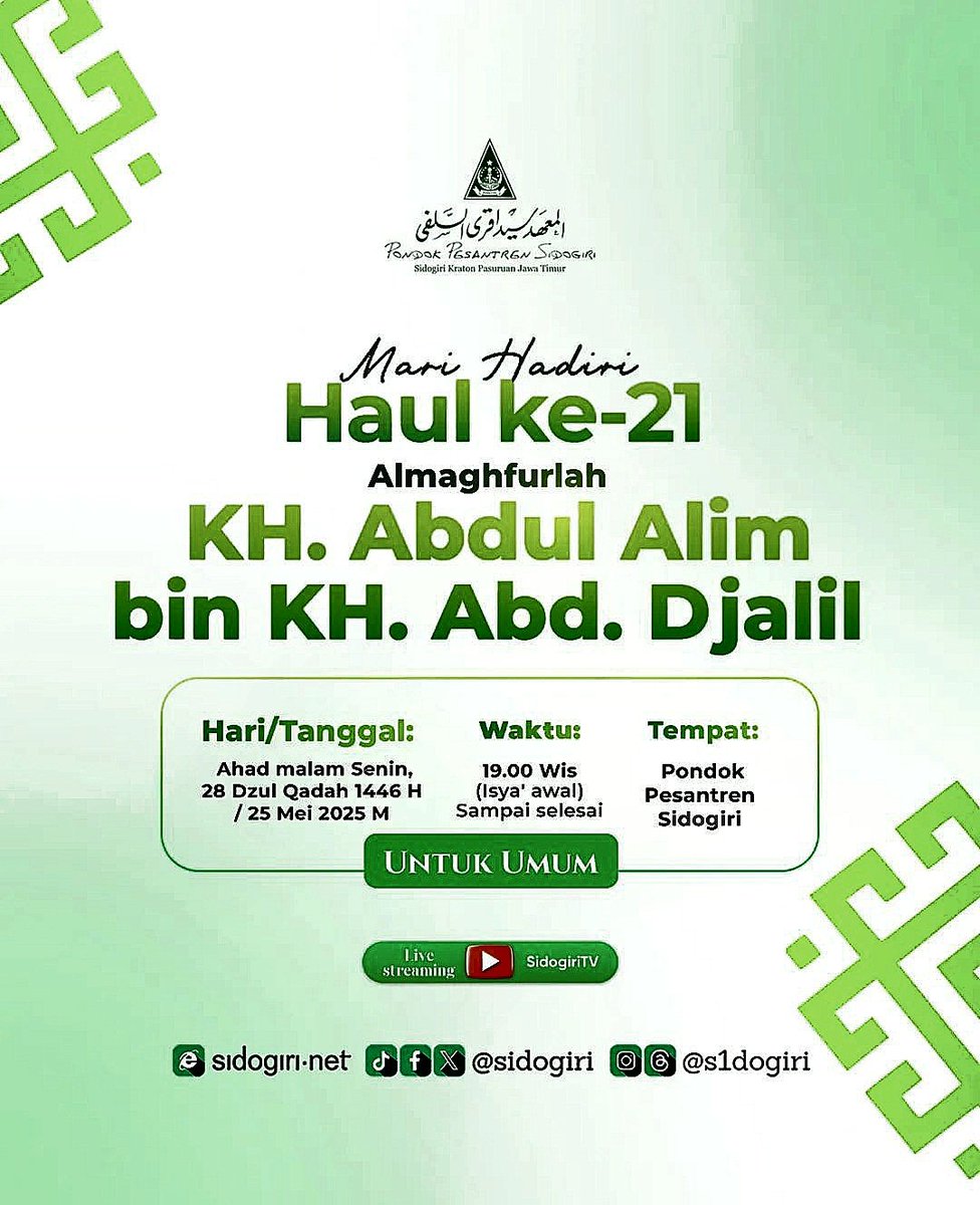 Pembacaan Yasin &amp; Tahlil Haul Almaghfurlah KH. Abdul Alim bin KH. Abd. Djalil akan dilaksanakan pada hari Ahad malam Senin, 28 Dzul Qadah 1446 H | 25 Mei 2025 M. Haul ini diselenggarakan untuk umum di Pondok Pesantren Sidogiri. 

Semoga keberkahan meliputi kita semua. Amīn