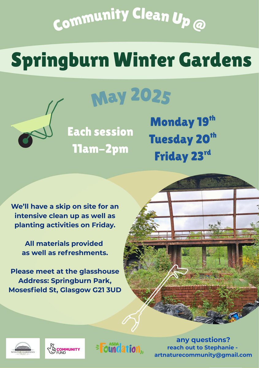 <a href="/SpringburnWG/">Springburn Winter Gardens Trust</a> are inviting everyone to get involved in 
three days of 'Community Clean Up' in Springburn Park.
Drop by Monday 19 May, Tuesday 20 May or Friday 23 May from 11am-2pm.

Any questions, email Stephanie on artnaturecommunity@gmail.com