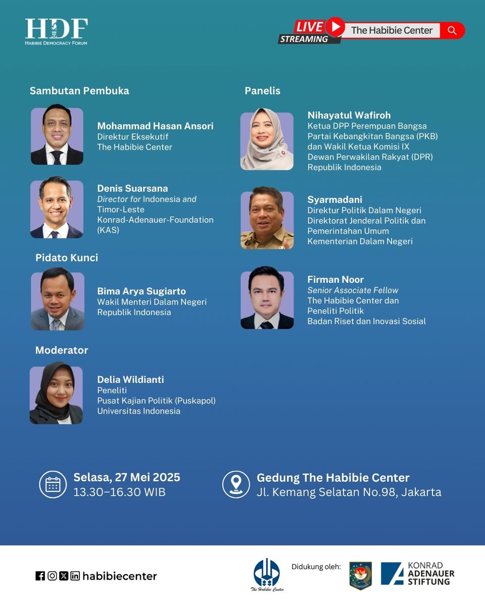 habibiecenter (@habibiecenter) on Twitter photo The Habibie Center didukung oleh <a href="/KASIndonesia/">Konrad-Adenauer-Stiftung Indonesia</a> dan <a href="/BPSDMkemendagri/">BPSDM.Kemendagri</a>, akan menyelenggarakan seri keempat Dialog Demokrasi berjudul ”Membayar Demokrasi: MewujudkanTransparansi, Akuntabilitas, dan Pendanaan yang Kuat bagi Partai Politik”. The Habibie Center didukung oleh <a href="/KASIndonesia/">Konrad-Adenauer-Stiftung Indonesia</a> dan <a href="/BPSDMkemendagri/">BPSDM.Kemendagri</a>, akan menyelenggarakan seri keempat Dialog Demokrasi berjudul ”Membayar Demokrasi: MewujudkanTransparansi, Akuntabilitas, dan Pendanaan yang Kuat bagi Partai Politik”.