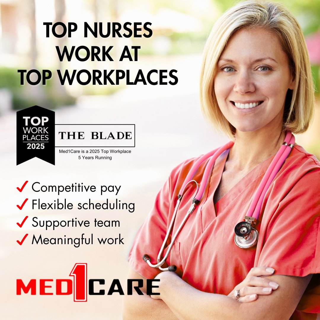 🏆 Med1Care has been named a Top Workplace 5 years running and we’re seeking top nurses! From competitive pay to flexible scheduling, see why nurses choose us.

Visit med1care.org/careers now to get started. Your next opportunity could be just a few clicks away!

#ToledoJobs