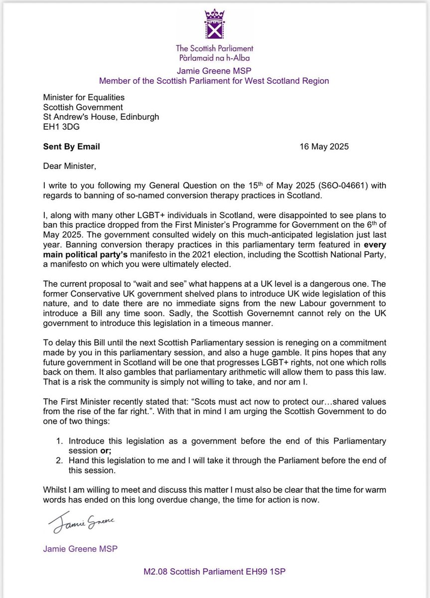 I’ve written to Ministers asking them to fulfil their promise to legislate to end Conversion Therapy practices in Scotland. The SNP was elected on a pledge to do so. All political parties included it in their 2021 manifesto. My message is simple: if ministers won’t do it, I will.