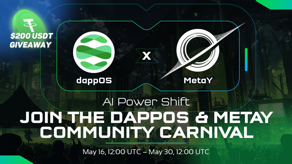 dappOS_com's tweet photo. Join the #dappOS x #MetaY Community Carnival. 🎡
How to Participate:
1️⃣ Follow @dappOS_com @spacey2025
2️⃣ Retweet this campaign post.
3️⃣ Complete tasks on TaskOn to enter the lucky draw!
⏰ May 16th - May 30th 12:00pm UTC
Get ready to join for your chance at taking home part of the $200USDT giveaway: https://t.co/80M4fkgjMD
