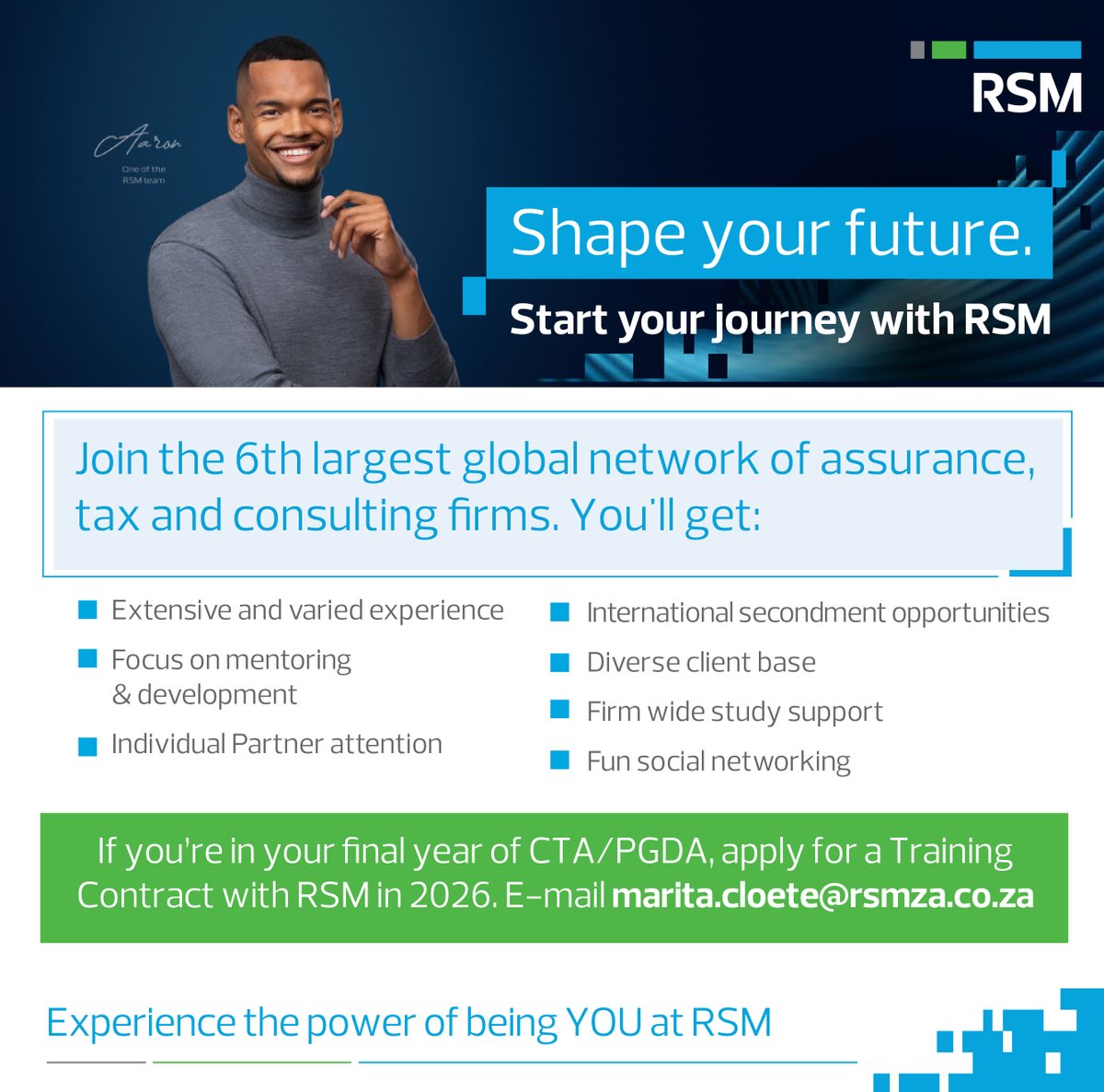RSM_za's tweet image. Are you ready to embark on a rewarding career journey? RSM South Africa is seeking trainee accountants for our 2026 SAICA articles. Join us and benefit from a supportive and dynamic work environment. Apply now!

#RSMCareers
#ThePowerOfBeingYou
#TraineeAccountant
#FutureCA