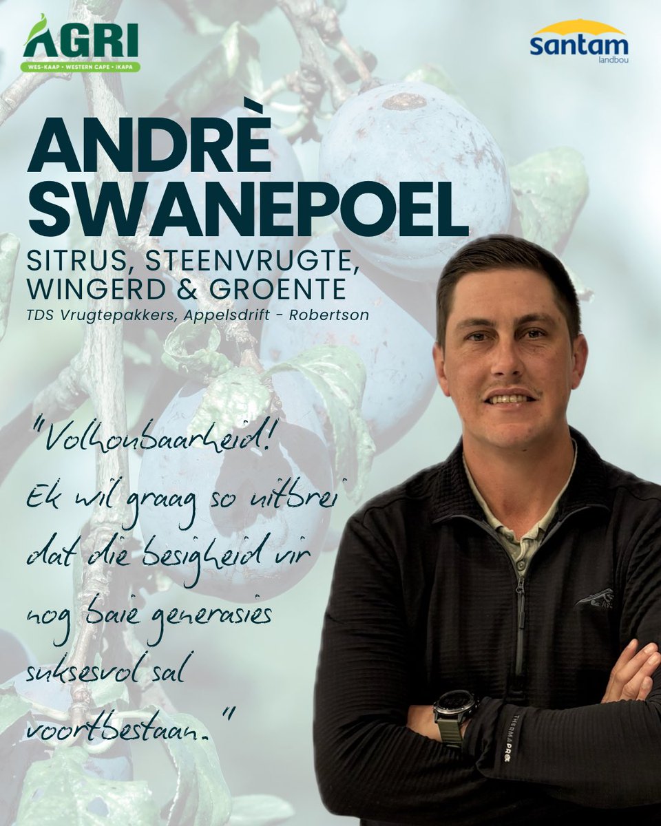 Ontmoet vir 𝗔𝗡𝗗𝗥𝗘 𝗦𝗪𝗔𝗡𝗘𝗣𝗢𝗘𝗟 (28), wat reeds 7 jaar in die Langeberg-gebied met sitrus, steenvrugte, wingerd en groente boer.  🍊🥦🚜

#AgriWesKaap #AgriWesternCape #Jongboervandiejaar2025 #AndreSwanepoel