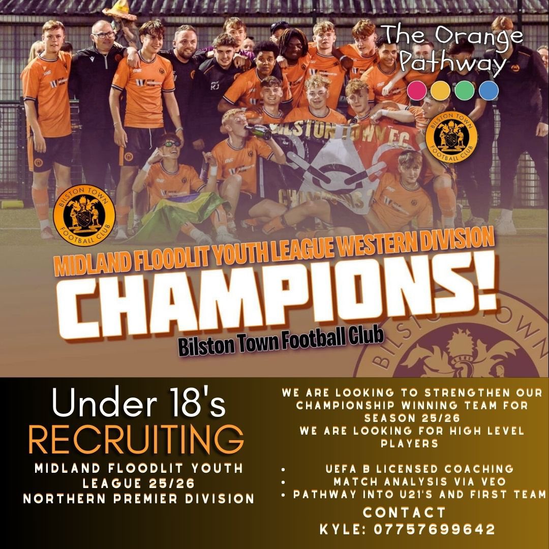 BTFC_Youth's tweet image. RECRUITING FOR 25/26 🟠⚫️
Join the Western Division champions in their next venture into the Northern Premier Division! ⚽️🏆