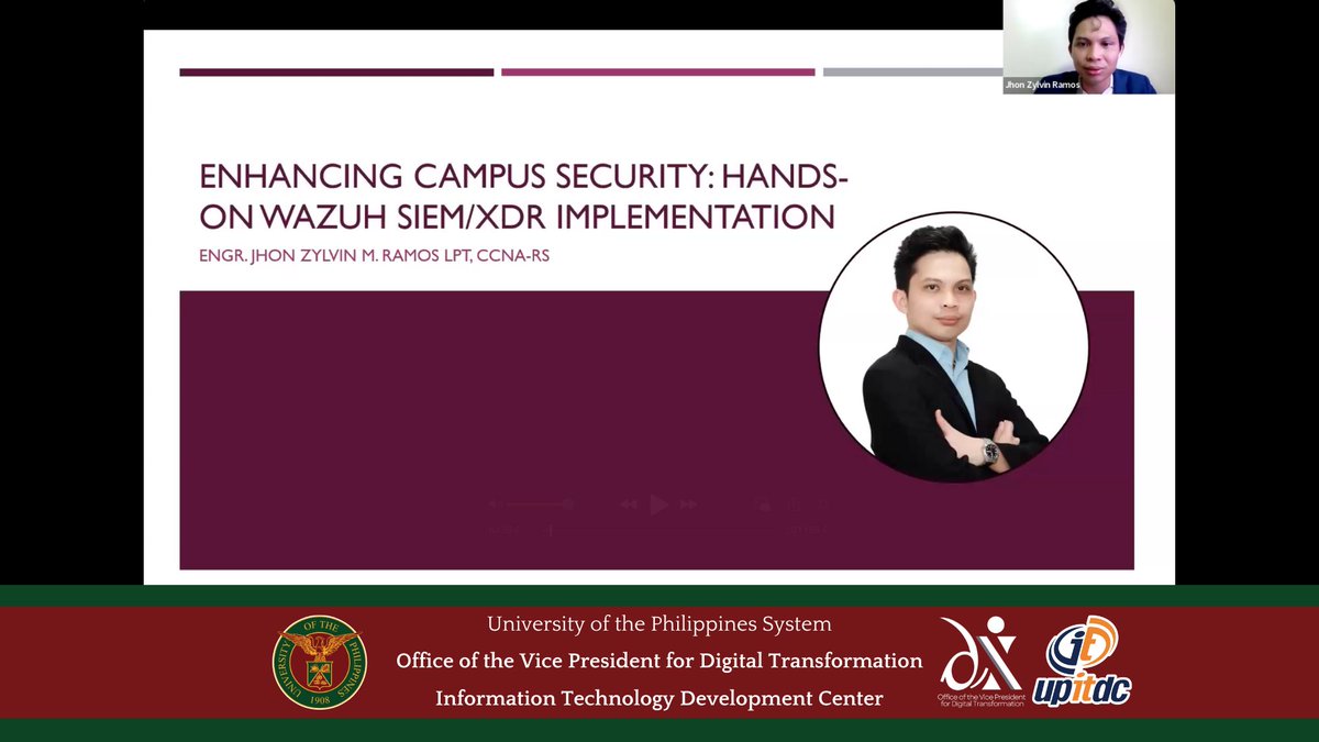 UP's webinar on Wazuh SIEM/XDR Implementation was held on May 3, 2025, organized by OVPDX-ITDC with the goal of strengthening the cybersecurity posture of the UP System and its constituent universities. 

Read more at itdc.up.edu.ph/news/training-… 

#FP10Dx #UPCyberinfrastructure