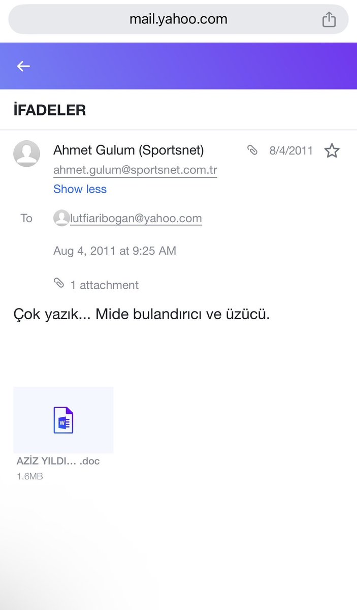 VARAN 3

Tarih: 4 Ağustos 2011

Türkiye Voleybol Federasyonu eski başkanı, Galatasaray'ın eski voleybolcusu ve <a href="/sportstv/">sportstv</a>'nin kurucusu Ahmet Gülüm'den Lutfi Arıboğan'a gönderilen emailde "mide bulandırıcı" olarak nitelenen Word dosyası:

AZİZ YILDI... .doc