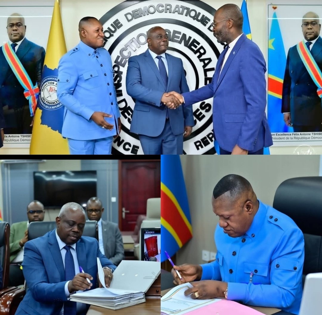 Enjeuxafricains's tweet photo. #RDC : une page est dĂ©sormais tournĂ©e au sein de l'Inspection gĂ©nĂ©rale des Finances (#IGF). Le nouveau patron de ce service spĂ©cialisĂ© de la PrĂ©sidence, Christophe #Bitasimwa, s'est installĂ© jeudi 15 mai Ă la place de son prĂ©dĂ©cesseur, Jules #Alingete. Ce dernier a Ă©tĂ© rĂ©cemment mis Ă la retraite. Cette cĂ©rĂ©monie de passation des charges entre les deux inspecteurs gĂ©nĂ©raux des finances, l'entrant et le sortant, s'est dĂ©roulĂ©e en prĂ©sence notamment du directeur de cabinet du chef de l'Ătat, Anthony #Nkinzo #Kamole. @BitasimwaBahiiC @Anthony_Nkinzo