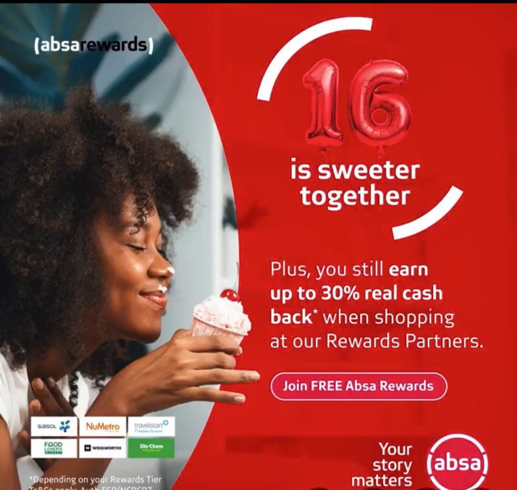 Carolinerathabe's tweet photo. Happy sweet 16 Absa Rewards! 🎁 Get ready for some sweet deals! Shop at Rewards Partners and earn up to 30% cash back + 16% extra today only! #AbsaRewardsSweet16 https://t.co/CniOdPlK78