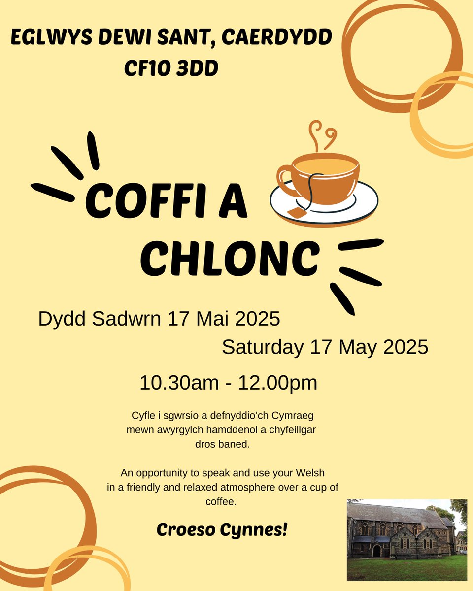 Byddwn yn cynnal ein bore Coffi a Chlonc yn Eglwys Dewi Sant yfory, 17 Mai rhwng 10.30am a 12.00pm.  Croeso cynnes i bawb!