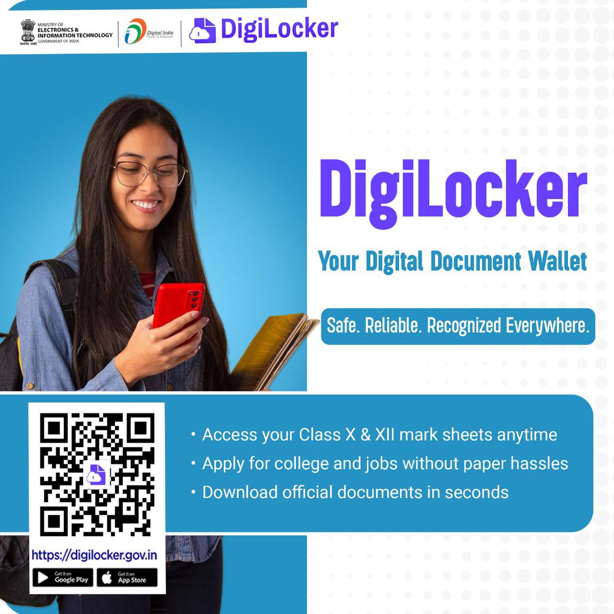 #DigiLocker - Your Trusted Digital Document Wallet!
Securely store and access your class X &amp; XII mark sheets, apply for colleges or jobs with ease and download official documents in seconds - anytime, anywhere. Say goodbye to paper hassles!
#digitaldocuments #studentsuccess